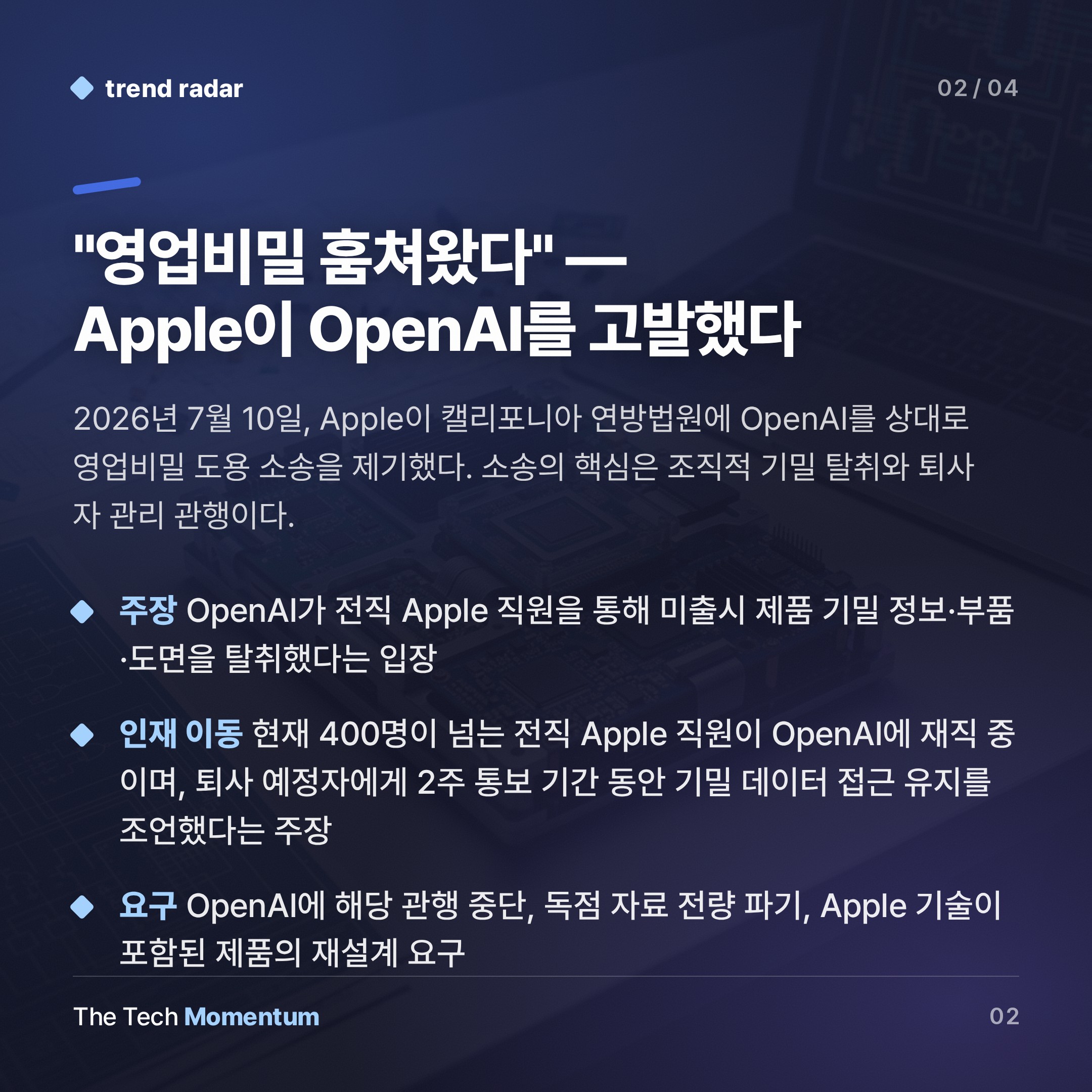Apple, OpenAI에 소송… AI 인재 전쟁이 법정으로 갔다 (summary)