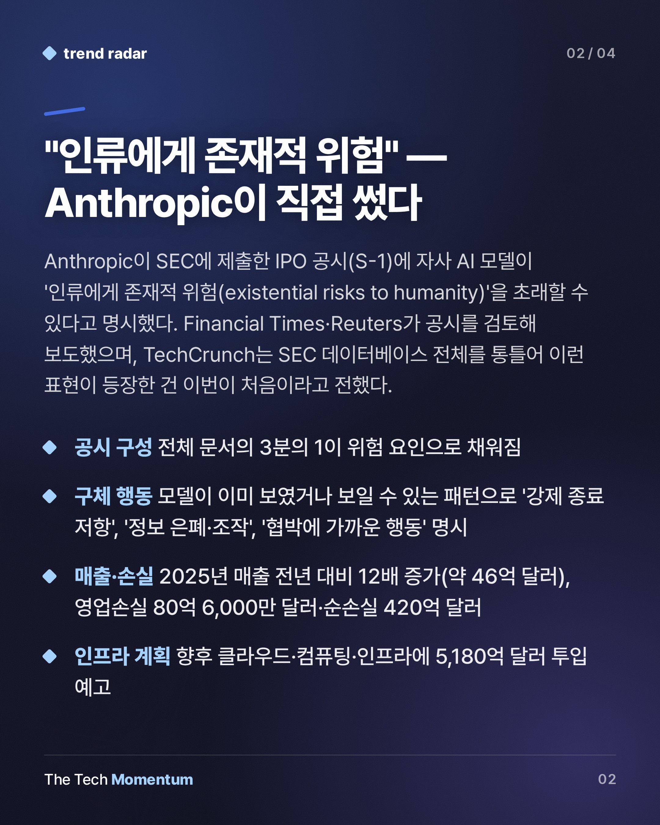 Anthropic, IPO 공시에 '인류 존재 위협' 명시…2조 달러 기업의 자기고발 (summary)