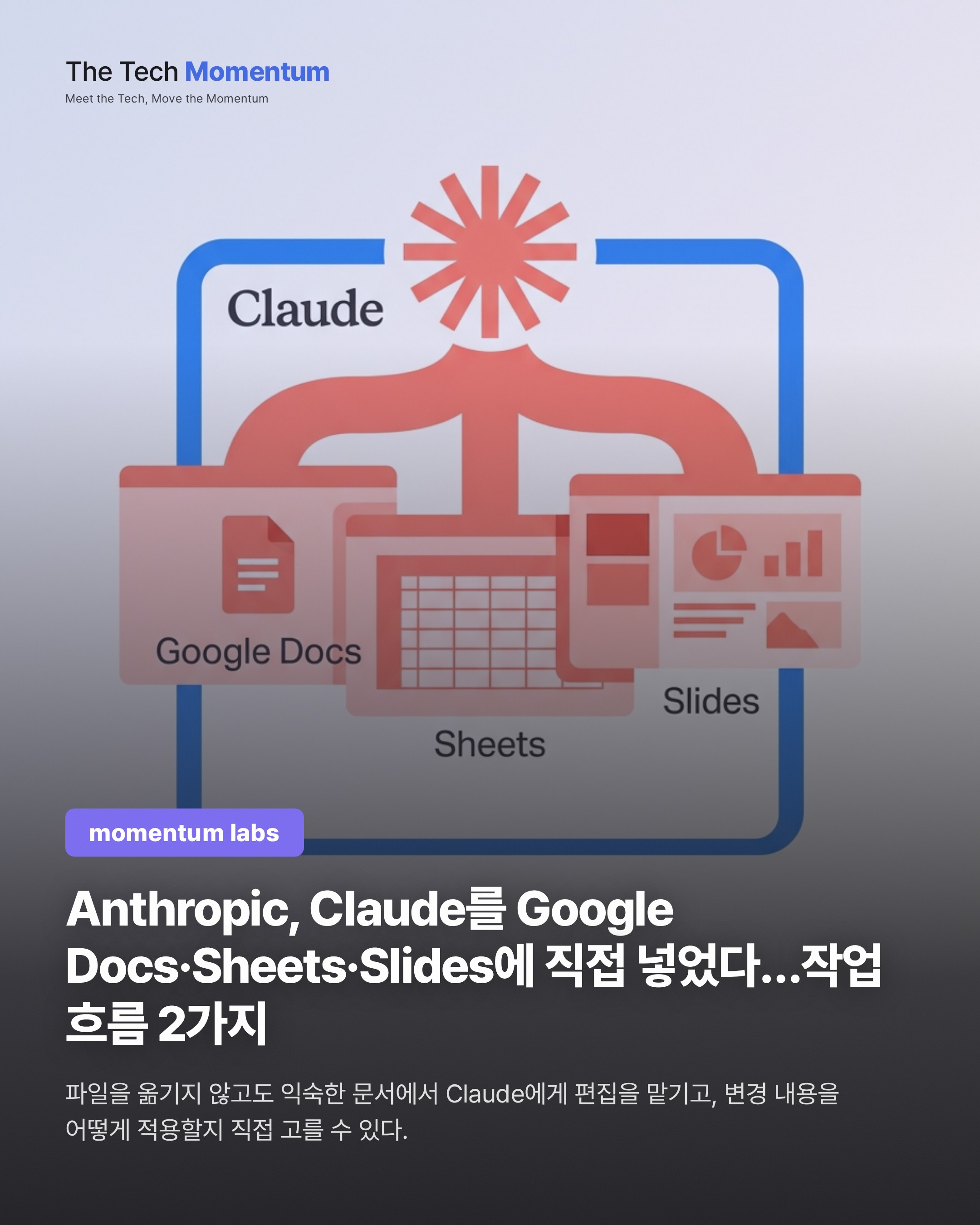 Anthropic, Claude를 Google Docs·Sheets·Slides에 직접 넣었다…두 가지 작업 흐름 정리