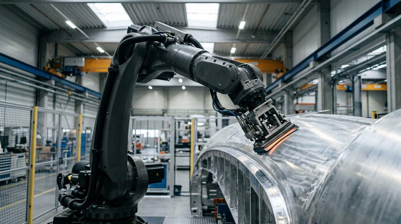 GrayMatter Robotics 자율 표면 마감 로봇 암이 항공기 부품을 처리하는 산업 현장