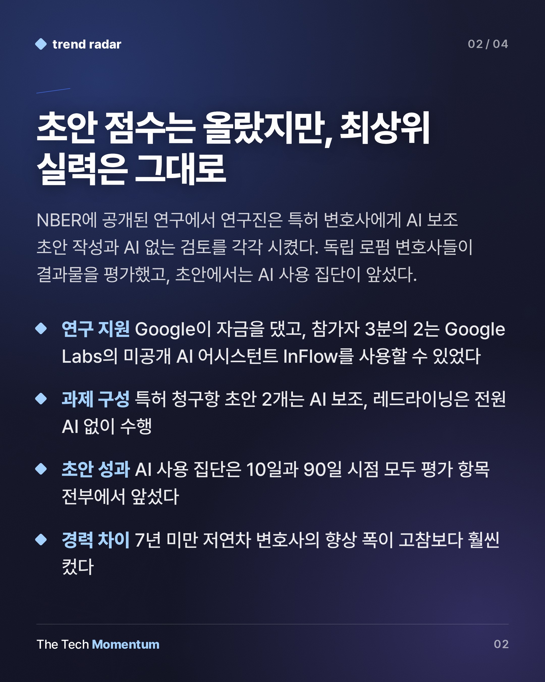 AI 쓴 초년 특허 변호사, 초안은 나아졌지만 AI 없는 검토에선 이득 없었다 (summary)